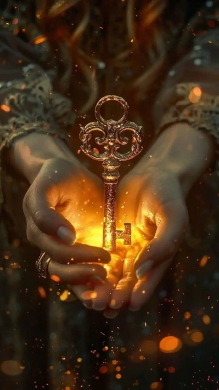 A pair of hands handing out a magical key